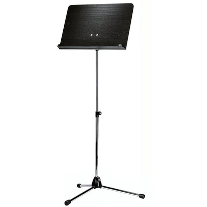 118/1 Orchestra music stand full front view with black wooden desk, chrome telescopic shaft and tripod base with rubber feet, K&M
