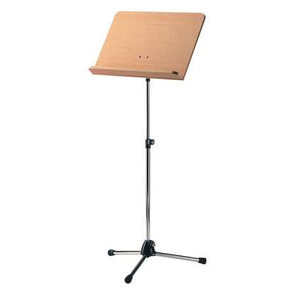 118/1 orchestra music stand full front view with beech wood desk on nickel-plated telescopic column and tripod base with rubber feet, K&M