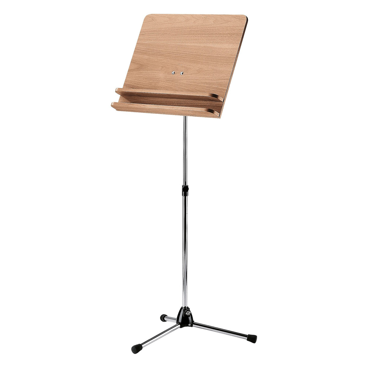 118/3 orchestra music stand full front view with walnut wood desk, double ledge shelf and chrome telescopic stem on tripod base, K&M