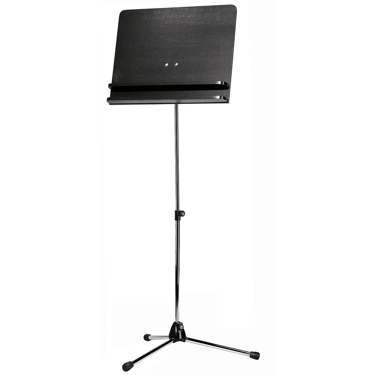 118/3 orchestra music stand full front view with black wooden desk, music shelf and chrome tripod base with rubber feet, K&M