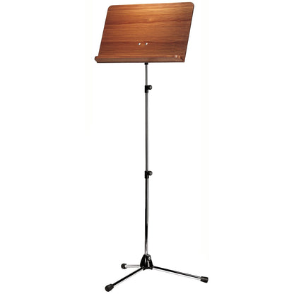 118/4 orchestra music stand full front view with walnut wood desk and chrome tripod base with rubber feet, K&M