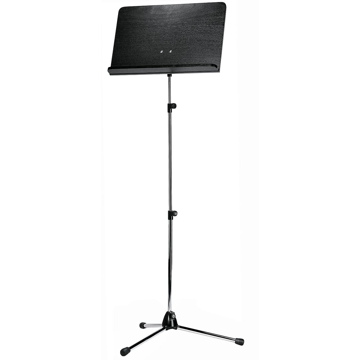 118/4 orchestra music stand full front view with black wooden desk on chrome telescopic shaft and tripod base, K&M