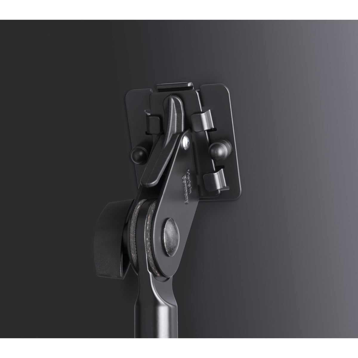 118/4 orchestra music stand desk mounting bracket detail showing tilt clamp, locking lever and attachment plate, K&M
