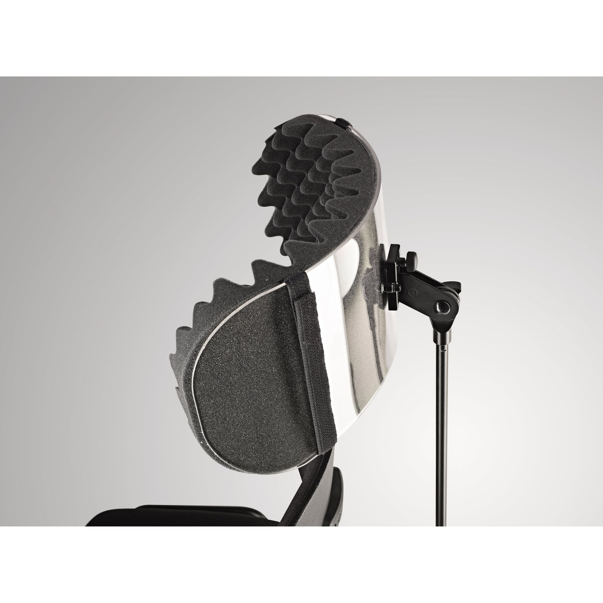 11901 acoustic absorber foam inlays fitted to clear shield on stand clamp, with Velcro strap visible on the flat foam side, K&M