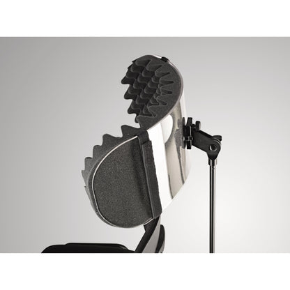 11901 acoustic absorber foam inlays fitted to clear shield on stand clamp, with Velcro strap visible on the flat foam side, K&M