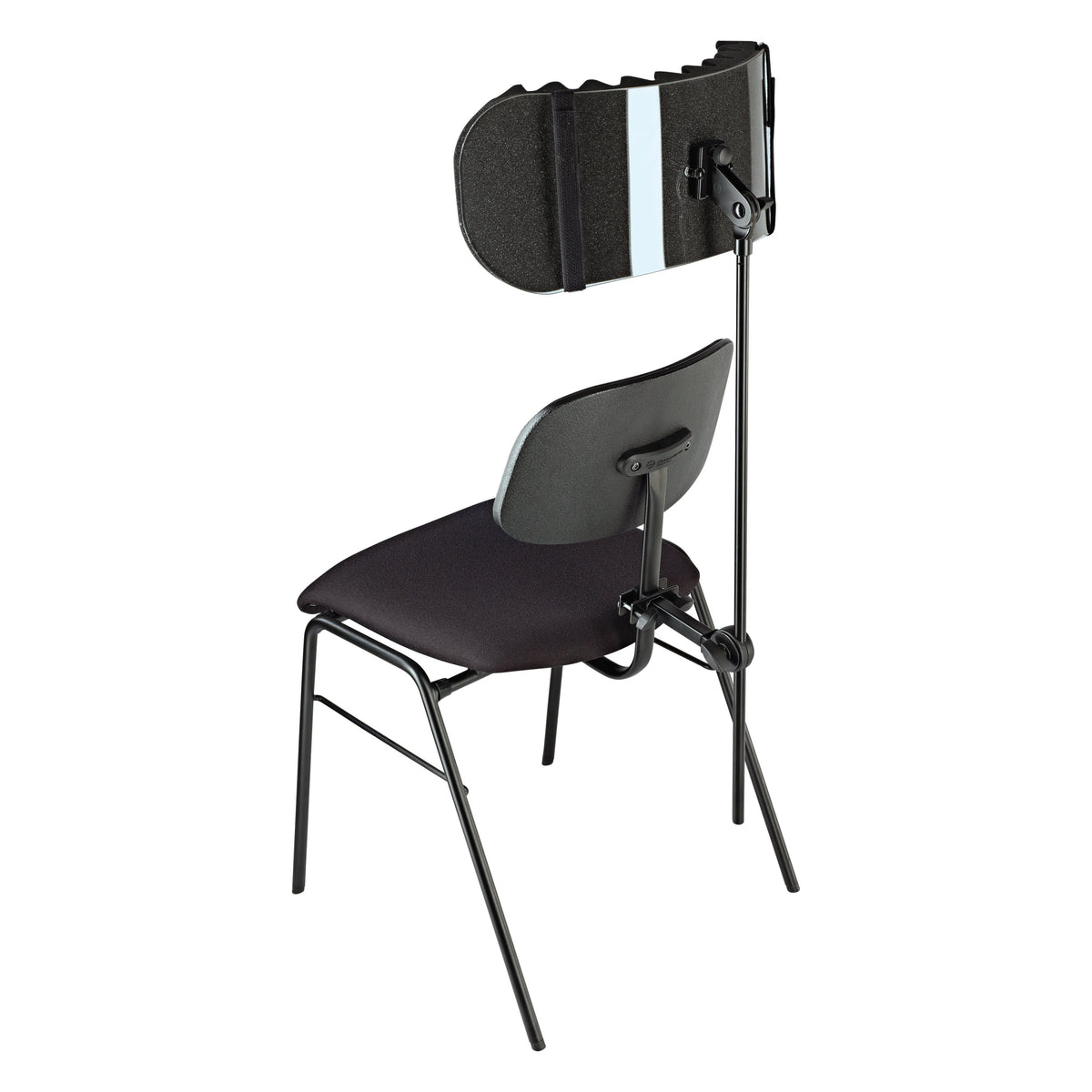 11901 acoustic absorber foam inlay fitted to a clear acoustic shield mounted behind an orchestra chair on a stand, rear view, K&M