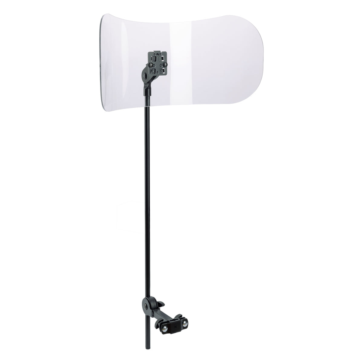 11905 orchestra seat sound insulation shield front view with curved clear acrylic panel on a black upright rod and lower clamp, K&M