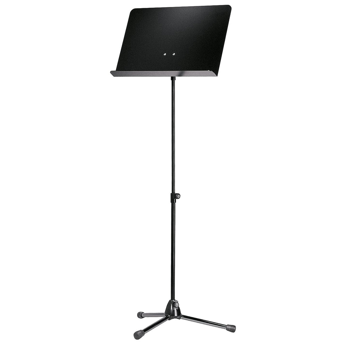 11920 orchestra music stand full front view with black aluminum desk, telescoping column and tripod base with rubber feet, K&M