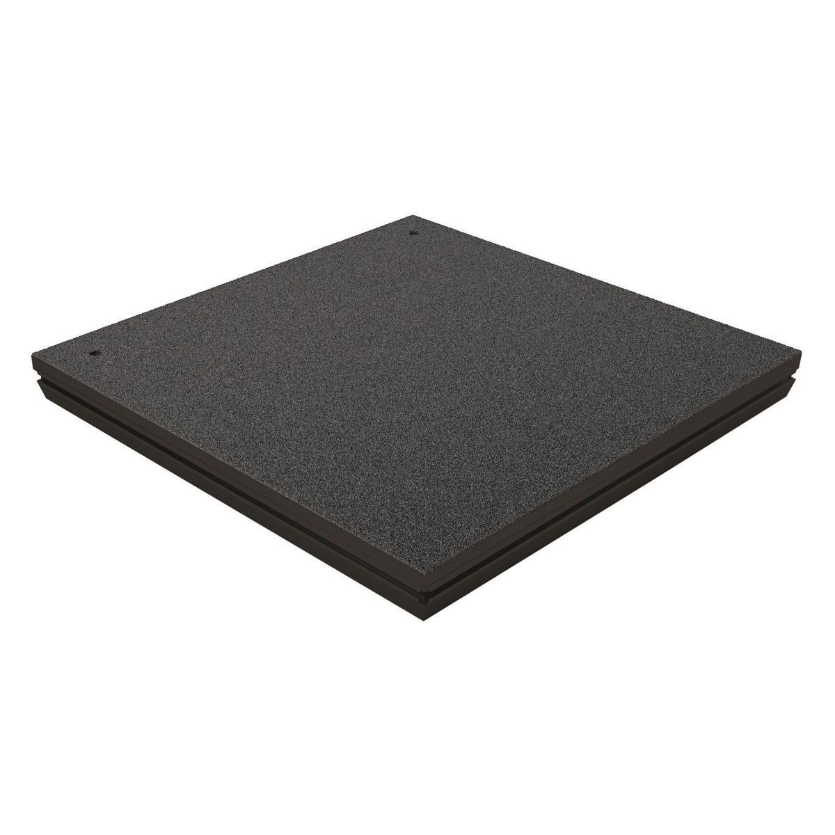 11990 aluminum conductor podium platform top three-quarter view with dark grey carpeted deck and corner mounting holes, K&M