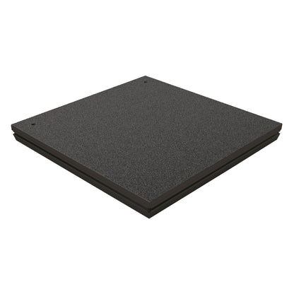 11990 aluminum conductor podium platform top three-quarter view with dark grey carpeted deck and corner mounting holes, K&M