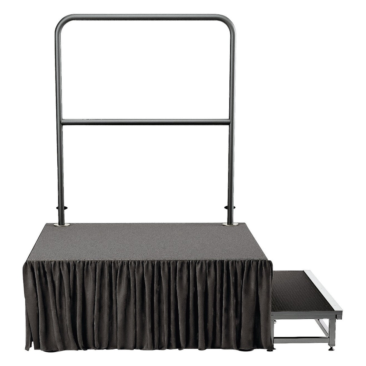 11990 conductor podium front view assembled with safety handrail, pleated dark skirt and side step unit, K&M