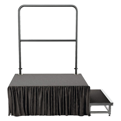 11990 conductor podium front view assembled with safety handrail, pleated dark skirt and side step unit, K&M