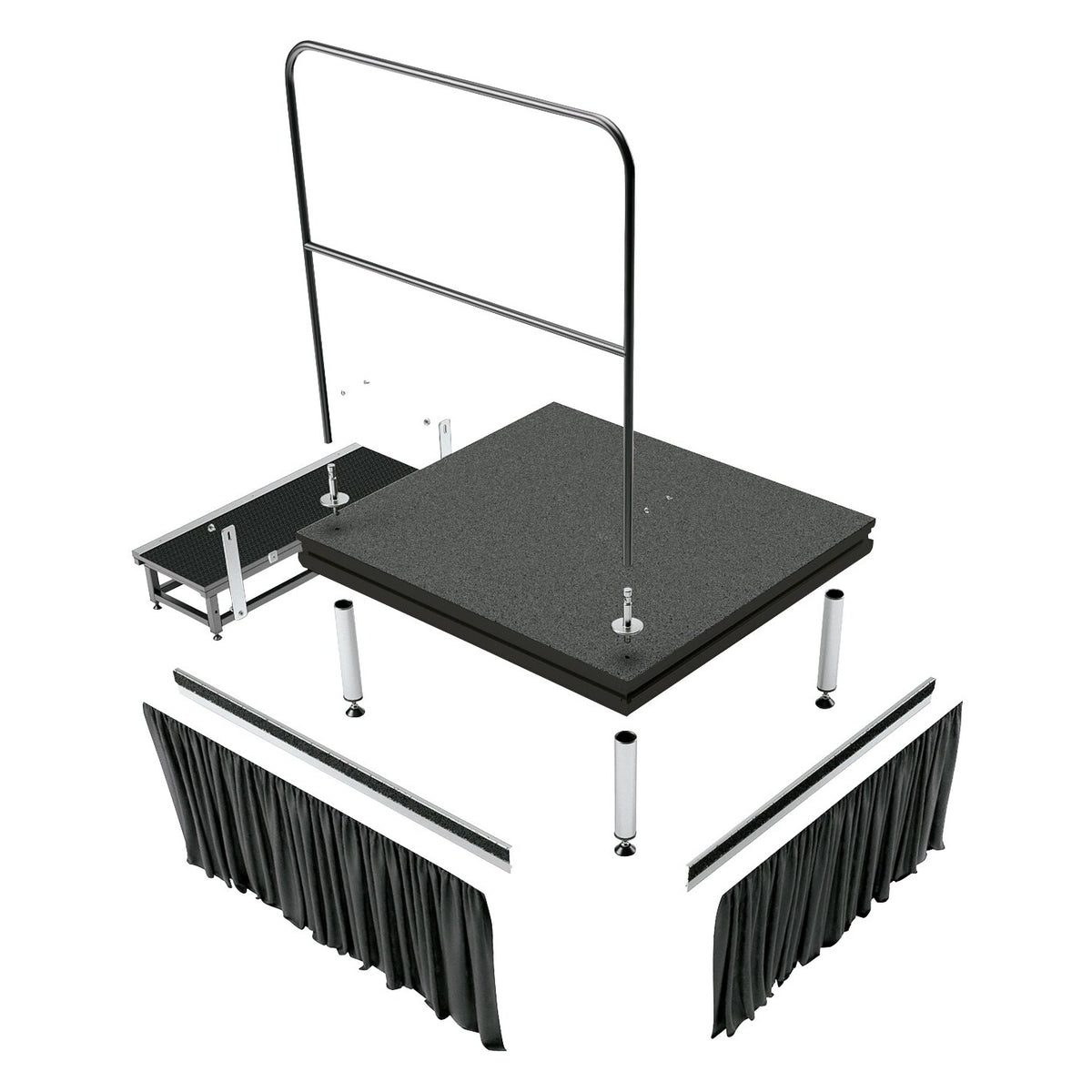 11990 conductor podium exploded view showing carpeted platform, handrail, four support legs, skirt panels with rails and step, K&M