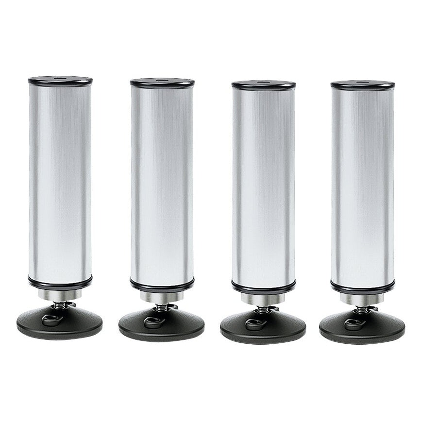 11992 aluminum plug-in feet set of four, front view showing brushed silver cylindrical legs with black end caps and adjustable threaded black round base pads, K&M