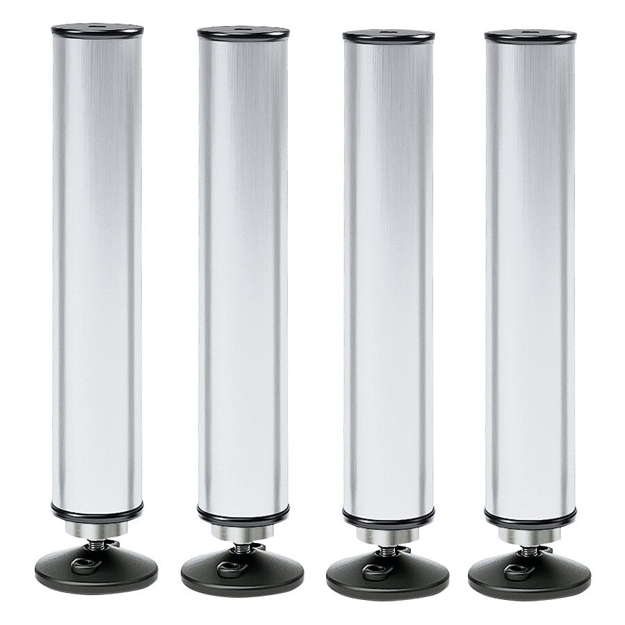 11993 aluminum plug-in feet set of four, front view showing brushed silver tubes with black top caps and adjustable black round levelling bases, K&M