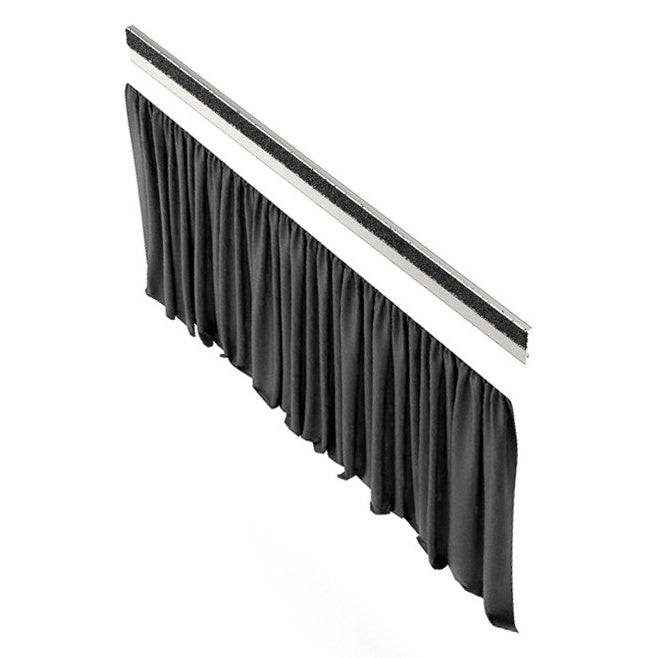 11995 conductor podium curtain angled view showing black pleated drape beside separate aluminum frame rail with hook-and-loop strip, K&M