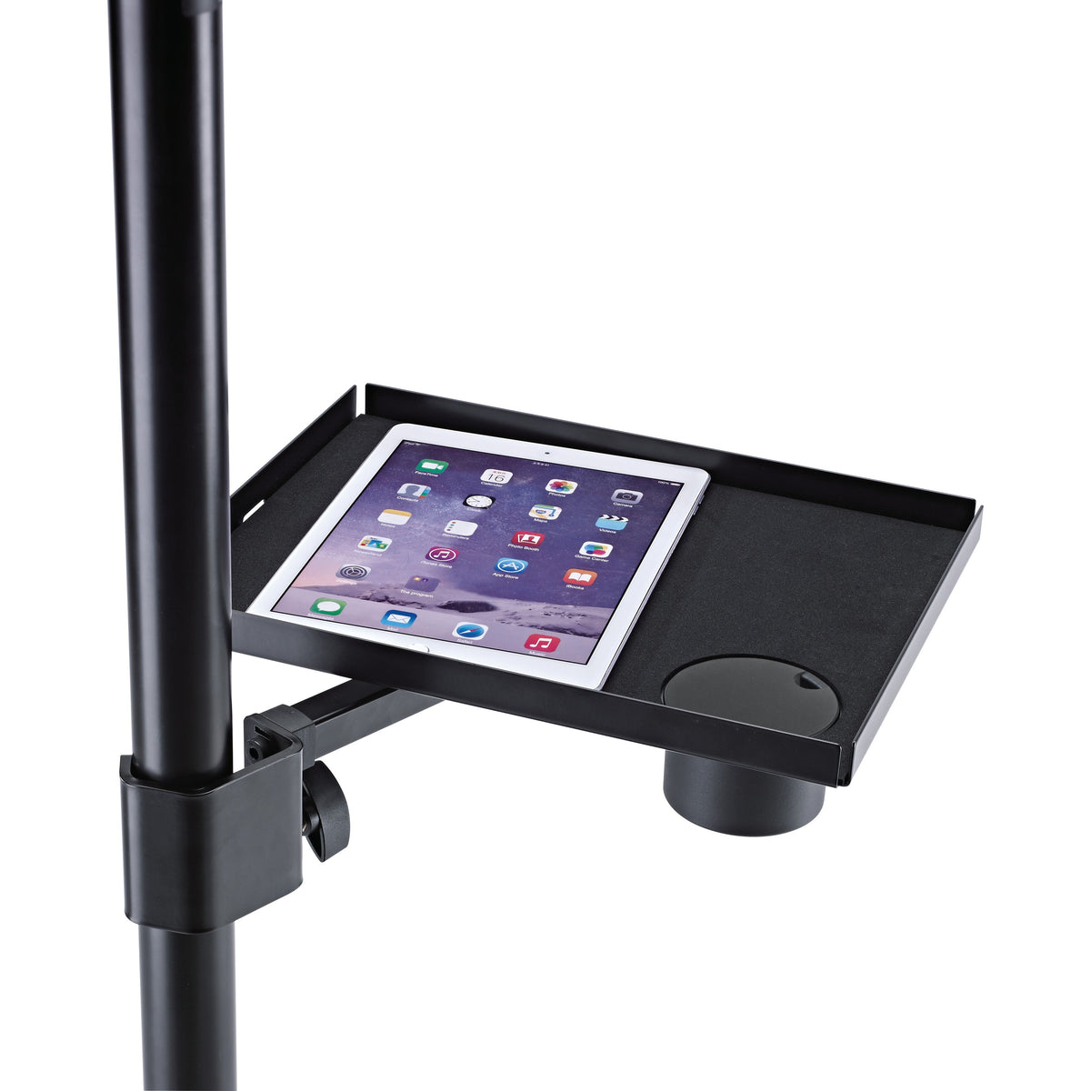 12227 equipment tray in use clamped to a stand pole holding a tablet beside the cup holder, K&M