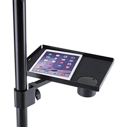 12227 equipment tray in use clamped to a stand pole holding a tablet beside the cup holder, K&M