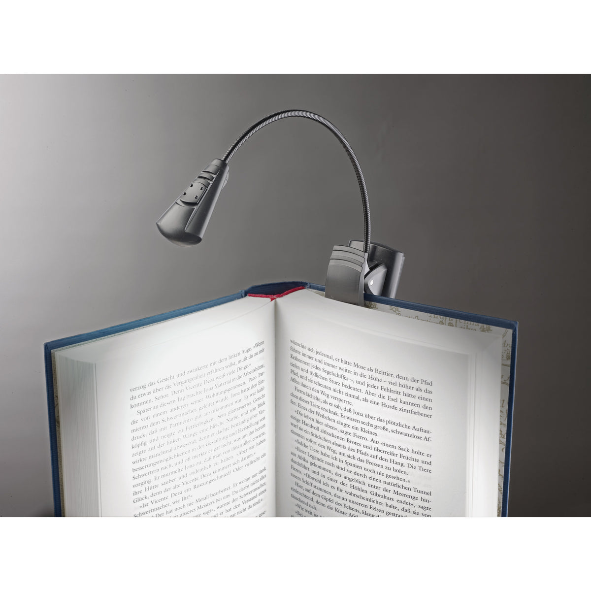 12241 LED FlexLight clipped to the spine of an open book, lit lamp head illuminating the pages, K&M