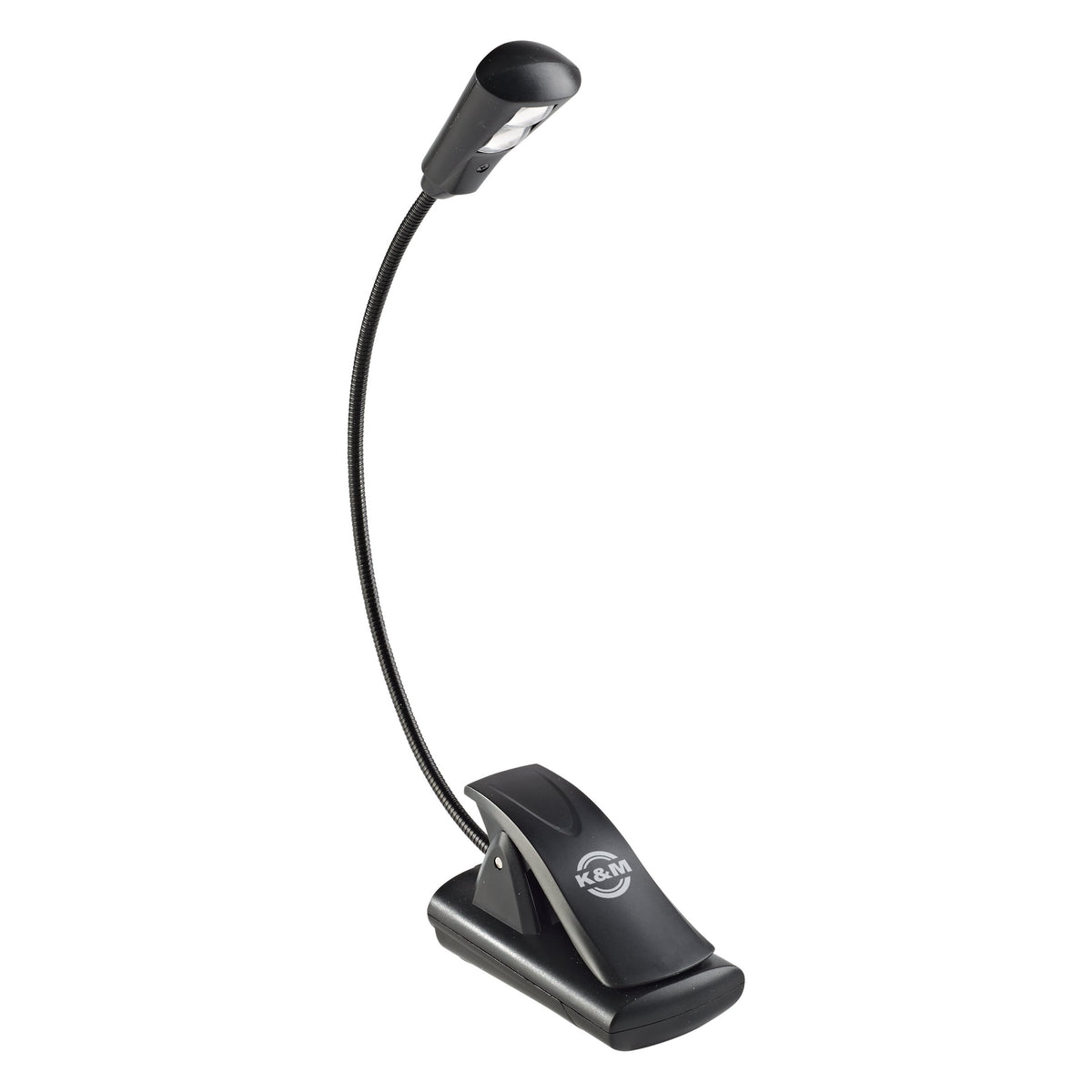 12242 LED music stand flex light front view on white background showing black gooseneck, lamp head and clip base with K&M logo, K&M