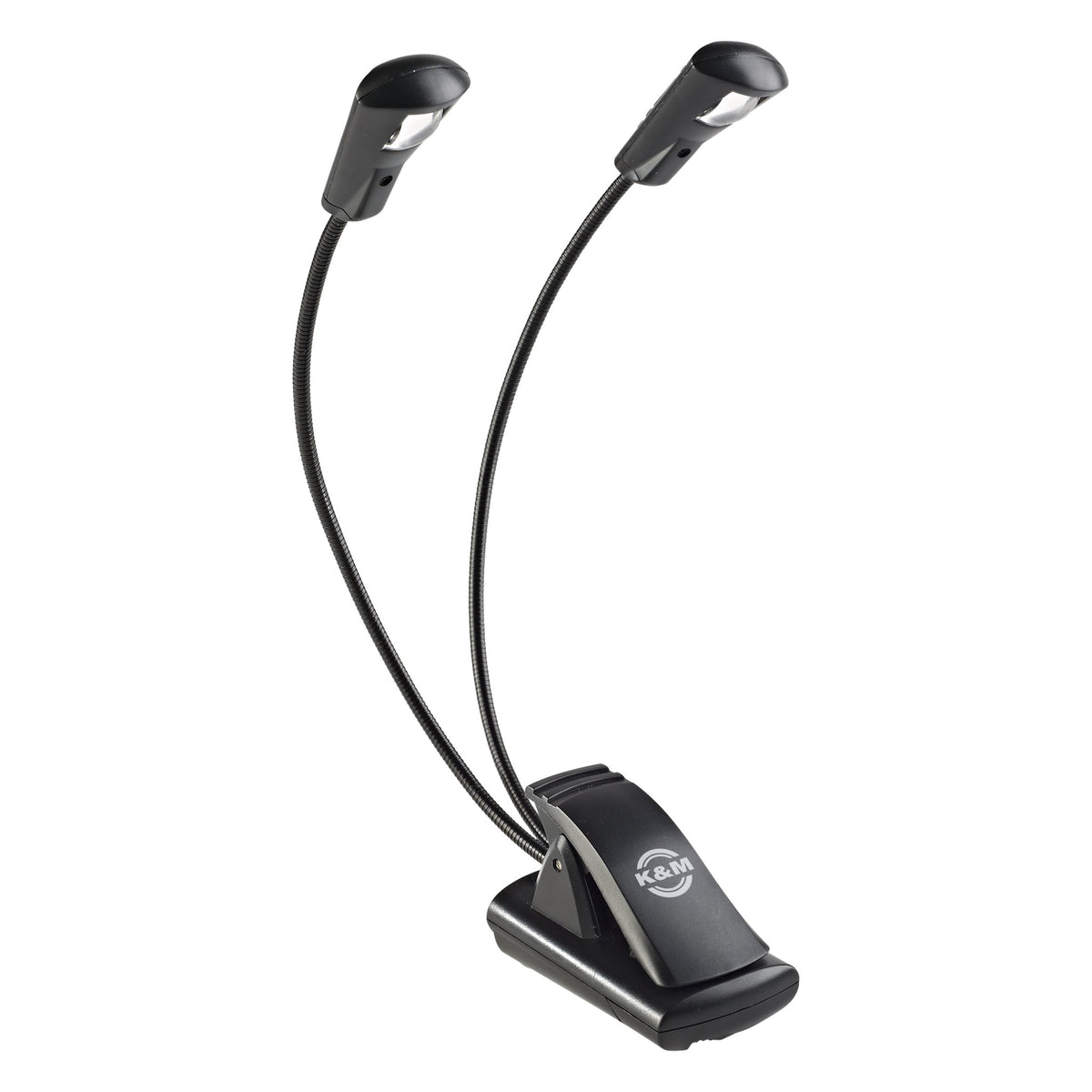 12243 Dual LED FlexLight front three-quarter view with two curved goosenecks and clip base bearing K&M logo, K&M