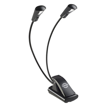 12243 Dual LED FlexLight front three-quarter view with two curved goosenecks and clip base bearing K&M logo, K&M