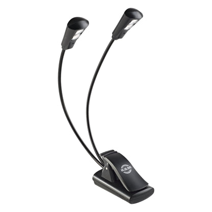 12244 dual-head LED FlexLight front three-quarter view with two black flexible goosenecks and clip base showing K&M logo, K&M