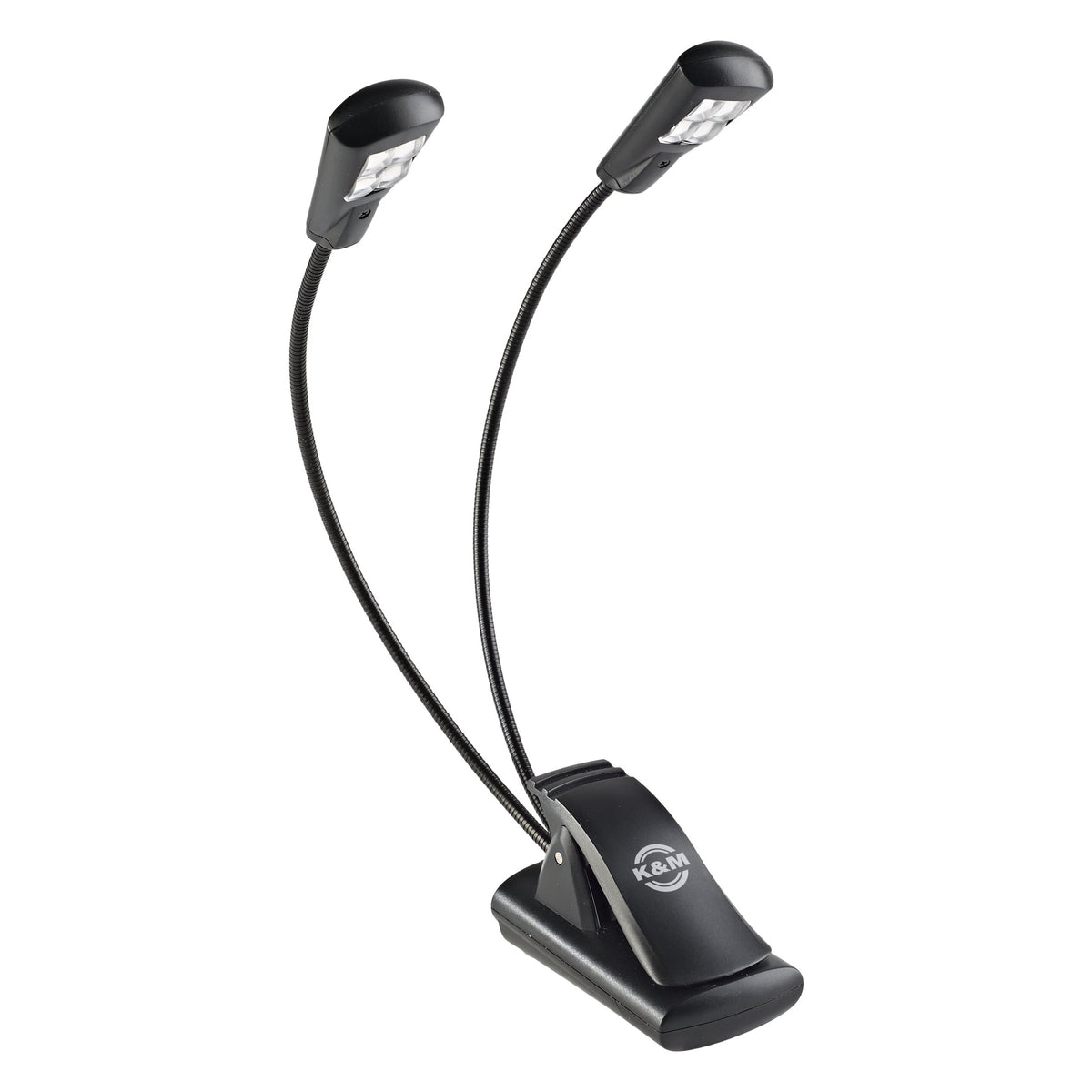 12246 dual-head LED music stand light front three-quarter view with two flexible goosenecks and LED heads on a black clip base with K&M logo, K&M