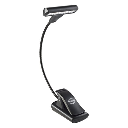 12247 LED FlexLight T-Model clip light front view with curved gooseneck, LED light bar and K&M logo on spring clip, K&M