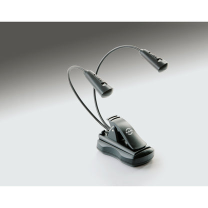 12256 FlexLight freestanding magnetic base in use holding a dual gooseneck LED clip light with K&M logo on the clamp, K&M