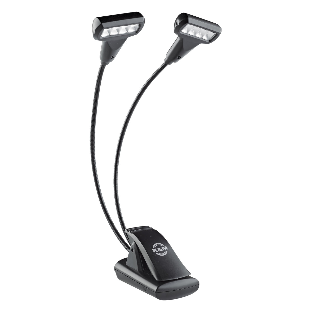 12273 dual-head flex LED music stand light front view with two gooseneck arms, LED lamp heads and K&M logo on the clip base, K&M