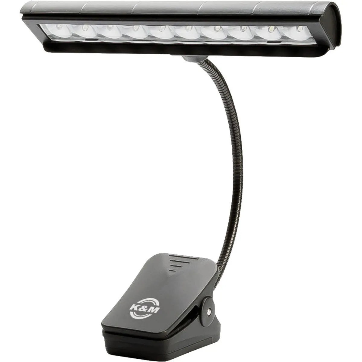 12287 Orchestra LED music stand light front view with 10-LED lamp head, curved gooseneck and K&M logo on the clip base, K&M