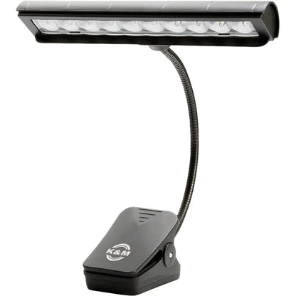 12287 Orchestra LED music stand light front view with 10-LED lamp head, curved gooseneck and K&M logo on the clip base, K&M