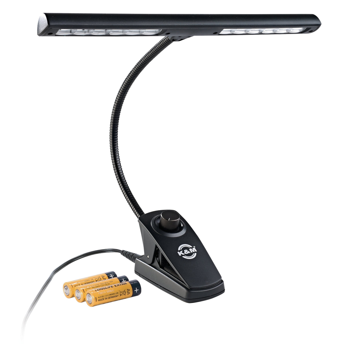 12295 music stand light front view with clip base, dimmer knob, gooseneck arm, LED bar and three AA batteries, K&M