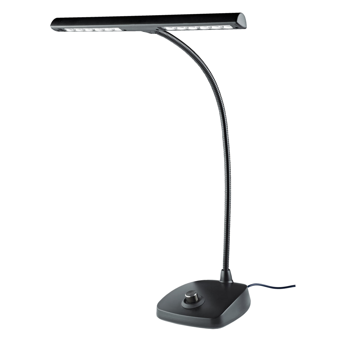12298 LED piano lamp full view with flexible gooseneck, horizontal LED light bar and weighted base with round dimmer knob, K&M