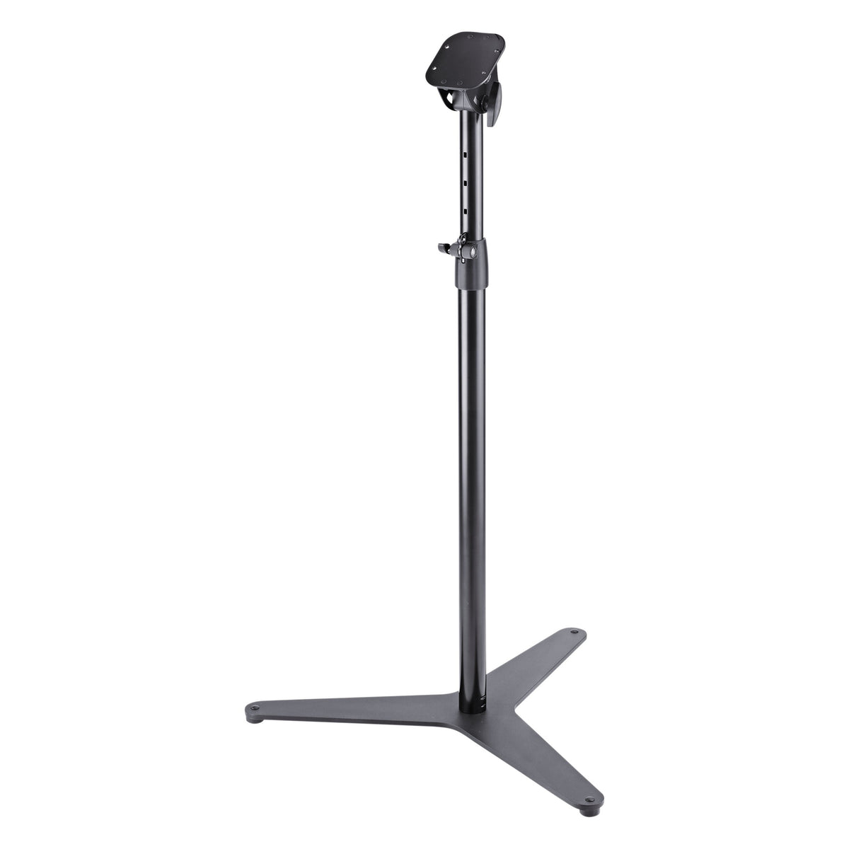 12330 Orchestra Conductor Stand Base front view showing black tripod base, telescopic column with clamp knob and top mounting plate, K&M