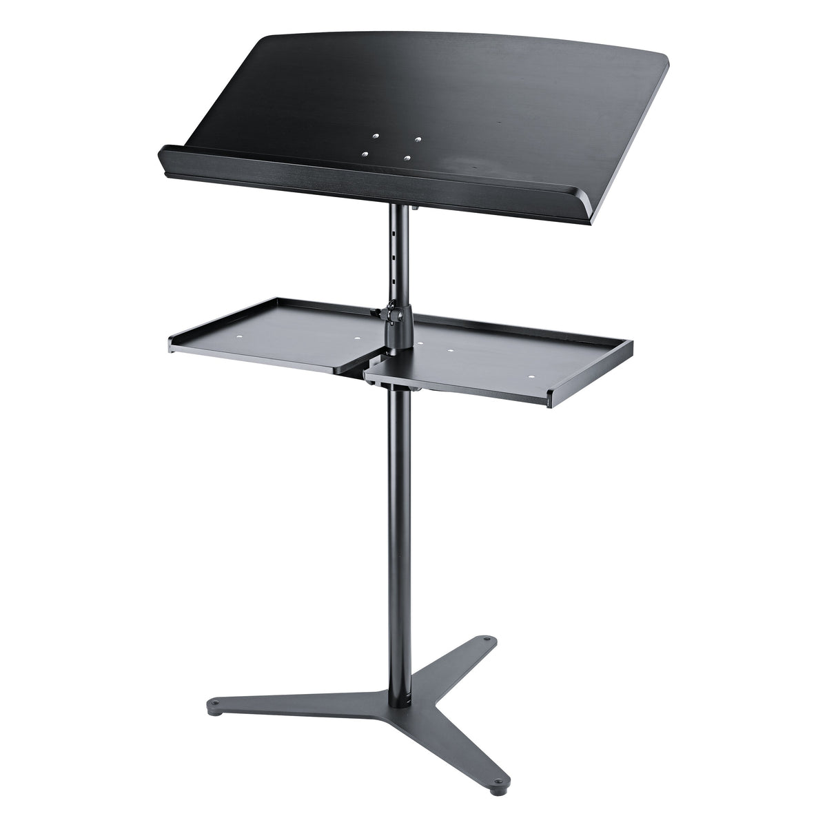 12330 Orchestra Conductor Stand Base fitted with black music desk and two side shelves on adjustable column, K&M