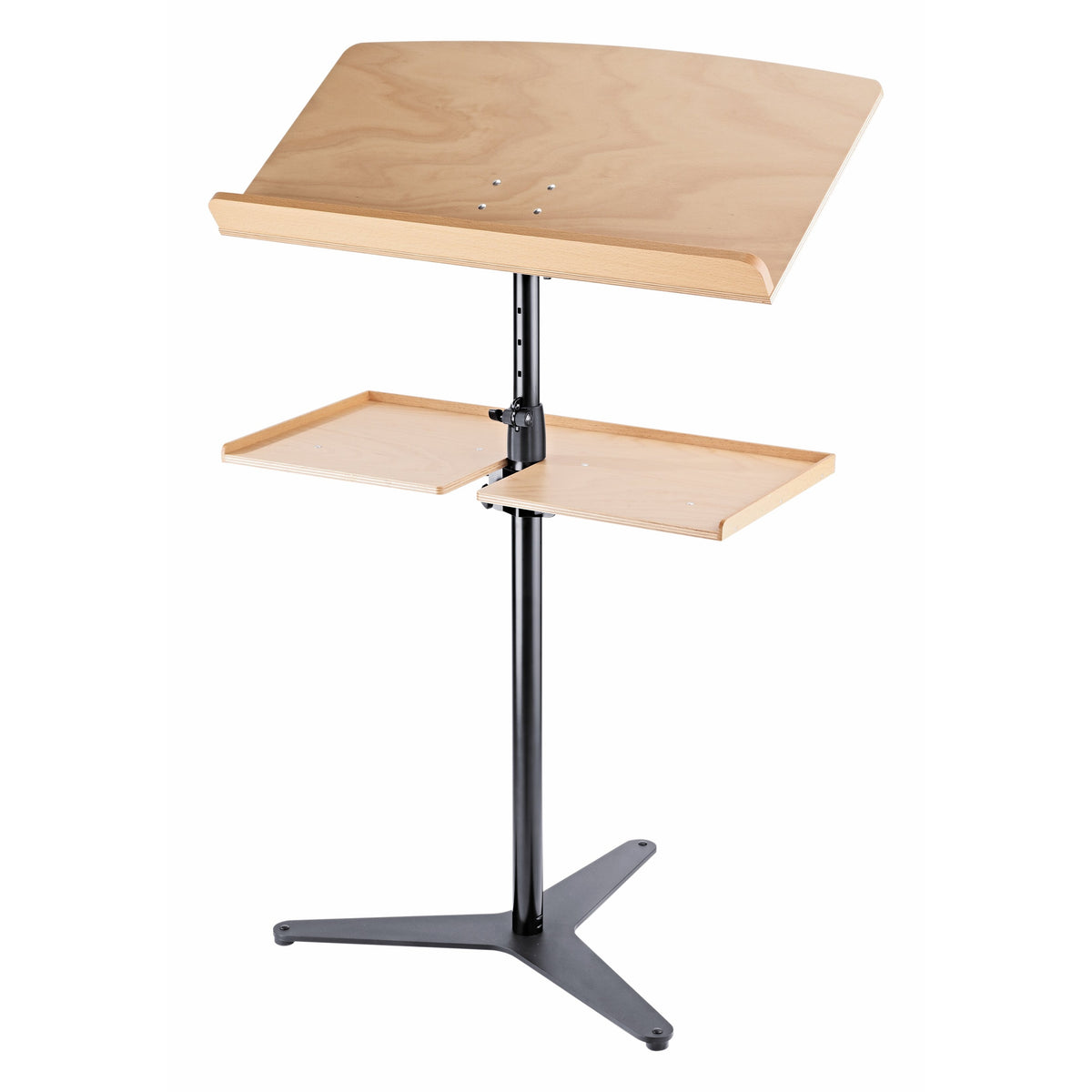 12330 Orchestra Conductor Stand Base fitted with natural beech wood music desk and side shelves on black column, K&M