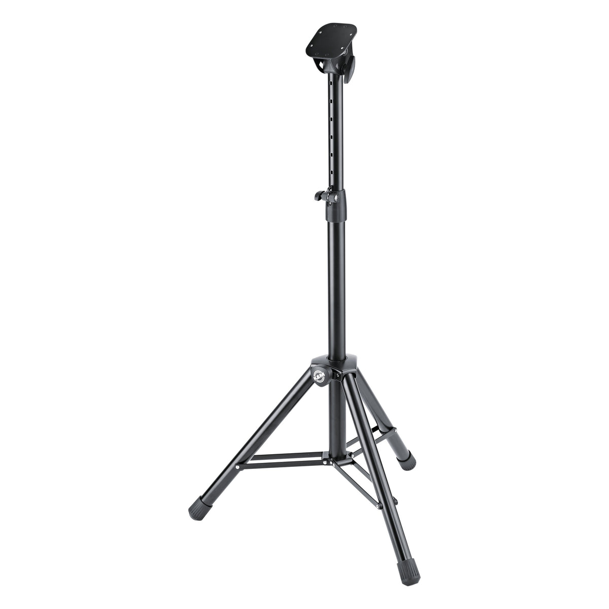 12331 conductor stand base front view with tripod legs, height-adjustable tube with clamp knob and empty mounting plate on top, K&M