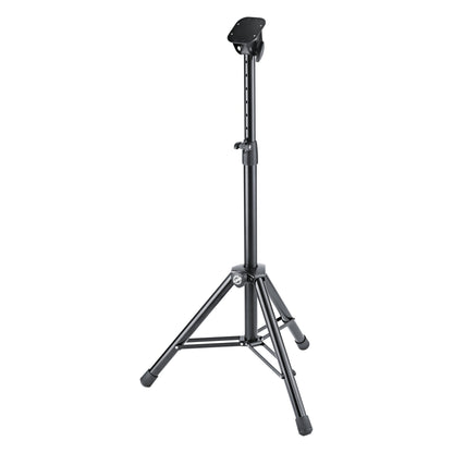 12331 conductor stand base front view with tripod legs, height-adjustable tube with clamp knob and empty mounting plate on top, K&M