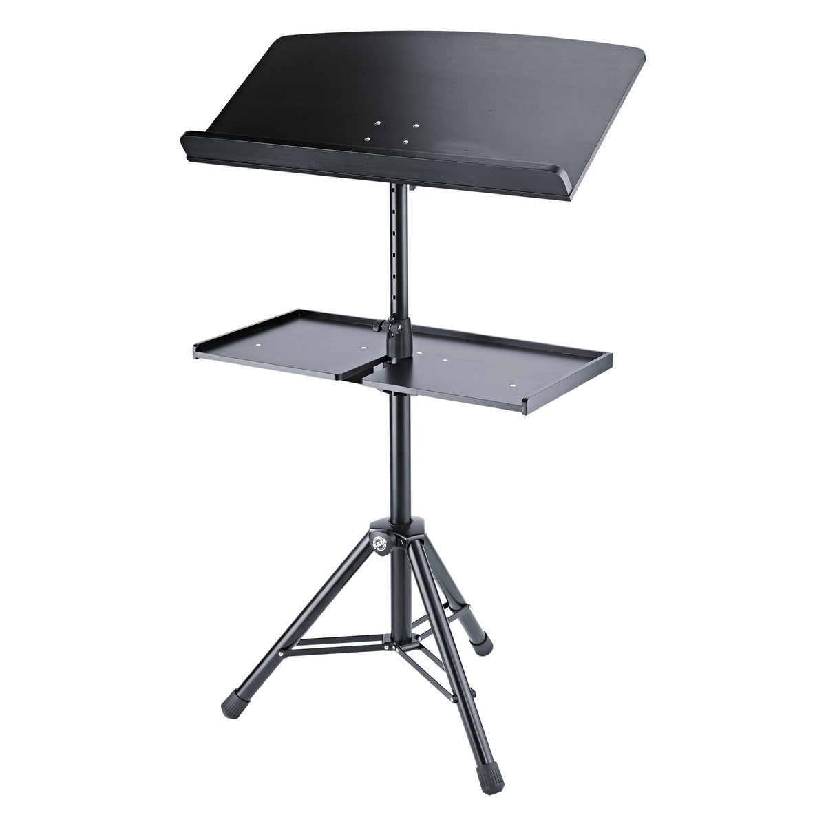 12331 conductor stand base shown fitted with a black music desk and a mid-height accessory tray on the adjustable tube, K&M