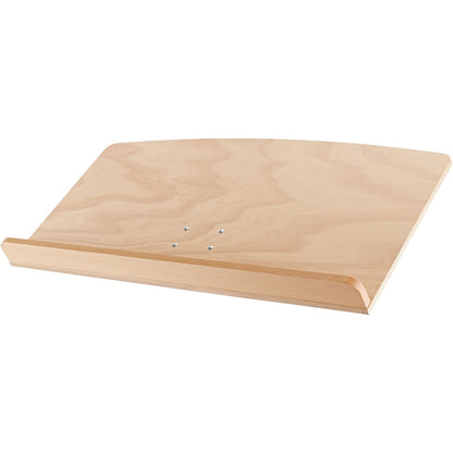 KM 12332.000.00 wooden music desk angled view showing curved birch plywood surface, page ledge and four mounting rivets, K&M