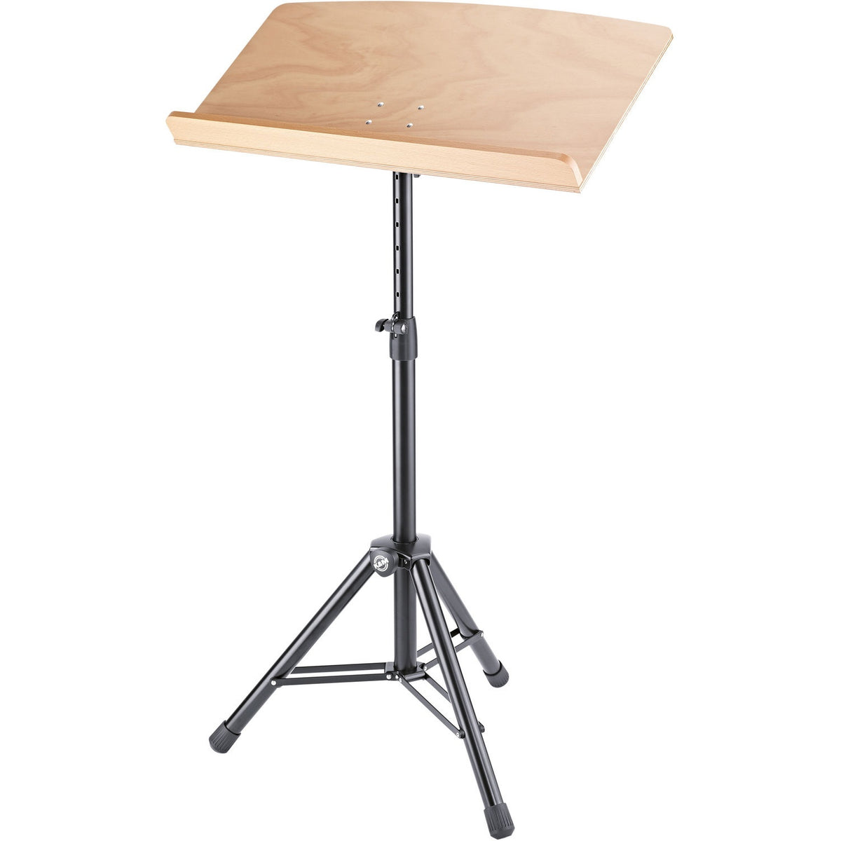 KM 12332.000.00 wood desk fitted to black tripod-base orchestra stand with height-adjustment clamp, K&M