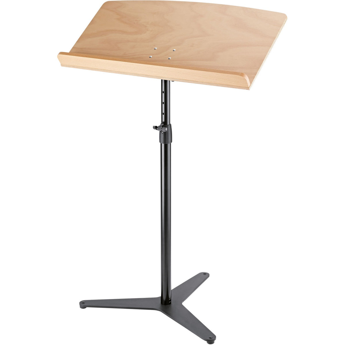 KM 12332.000.00 wood desk mounted on black cast tri-leg column stand, side angle showing tilt and clamp lever, K&M