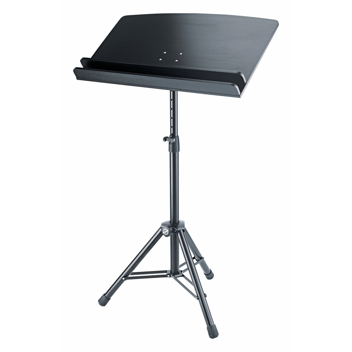 12335 conductor stand desk on tripod base, full view with height-adjustable tube, clamp knob and rubber-tipped legs, K&M