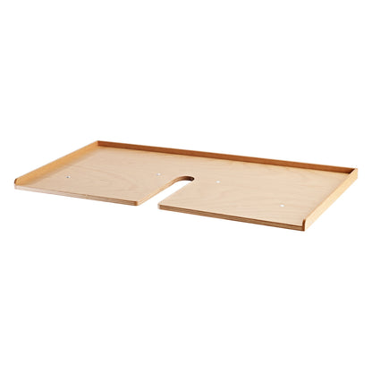 12336 orchestra score tray top view showing multi-ply beech wood surface, raised rear and side edges and central slot cutout with mounting holes, K&M