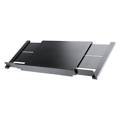 12338 conductor stand desk plate shown with side extensions pulled out to full width, front angled view, K&M