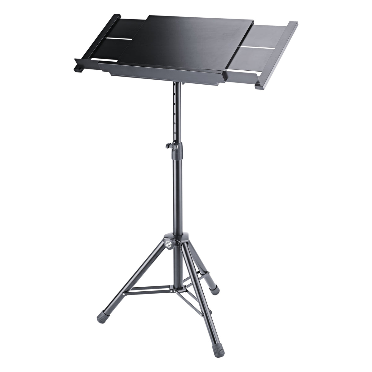 12338 conductor stand on tripod base with desk extended to full width and height-adjustment clamp on the telescopic tube, K&M