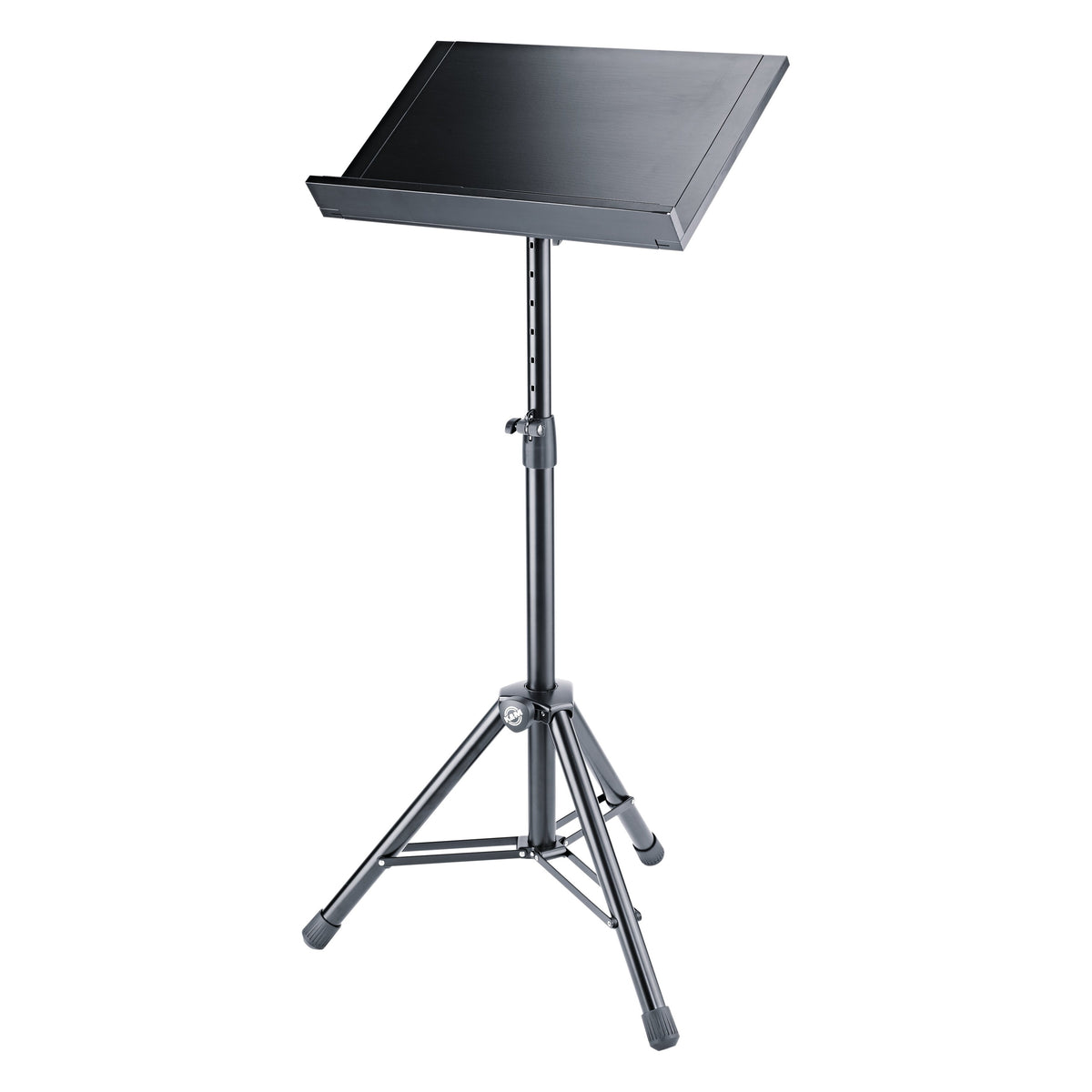 12338 conductor stand on tripod base with desk retracted to compact width and lip along the front edge, K&M