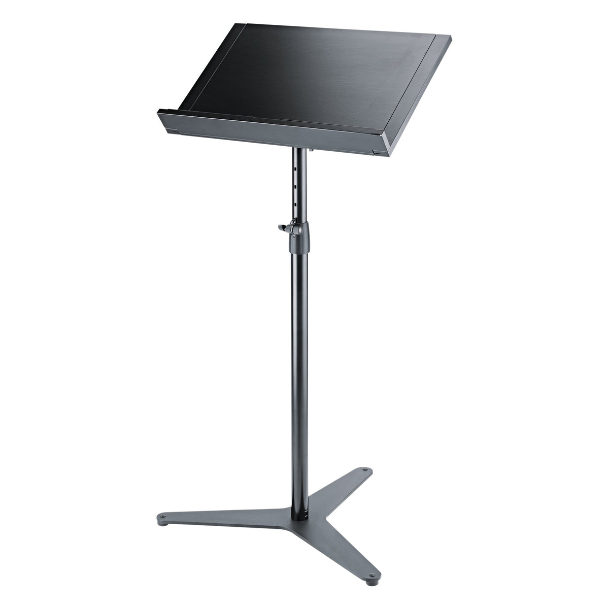 12338 conductor stand on flat three-arm cast base with desk retracted and telescopic height-adjustment clamp, K&M